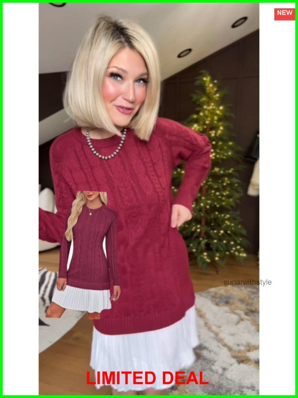 Cable Knit Sweater Dress Long Sleeve Pleated Mini - Picture 5 of 6